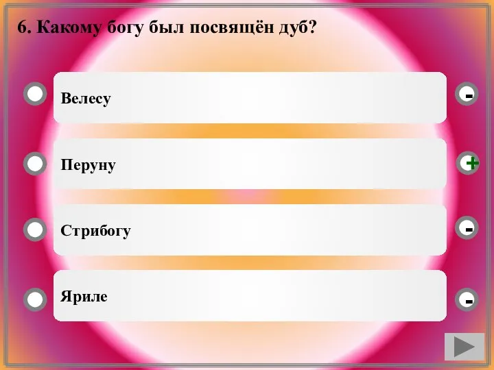 6. Какому богу был посвящён дуб? Велесу Перуну Стрибогу Яриле - - + -