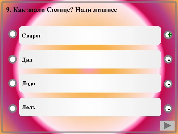 9. Как звали Солнце? Нади лишнее Сварог Дид Ладо Лель - - + -