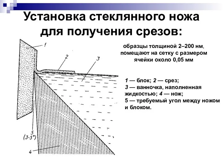 Установка стеклянного ножа для получения срезов: 1 — блок; 2 —