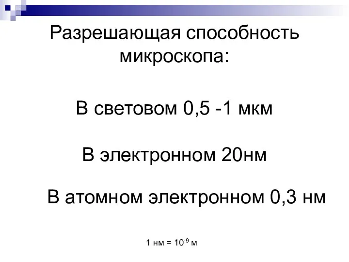 Разрешающая способность микроскопа: В световом 0,5 -1 мкм В электронном 20нм