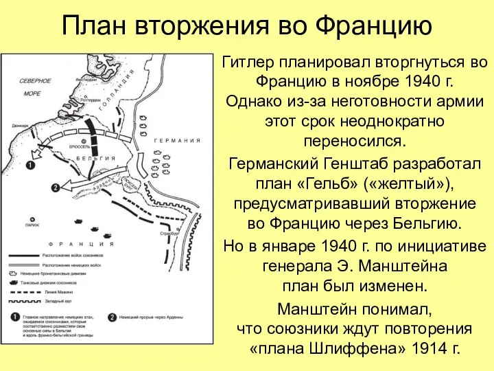 План вторжения во Францию Гитлер планировал вторгнуться во Францию в ноябре