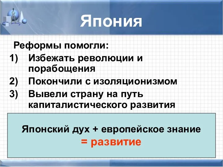 Япония Реформы помогли: Избежать революции и порабощения Покончили с изоляционизмом Вывели