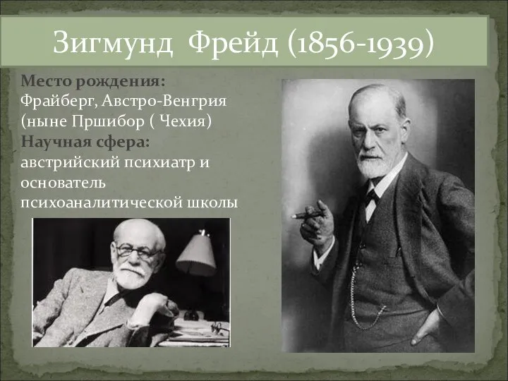 Зигмунд Фрейд (1856-1939) Место рождения: Фрайберг, Австро-Венгрия (ныне Пршибор ( Чехия)