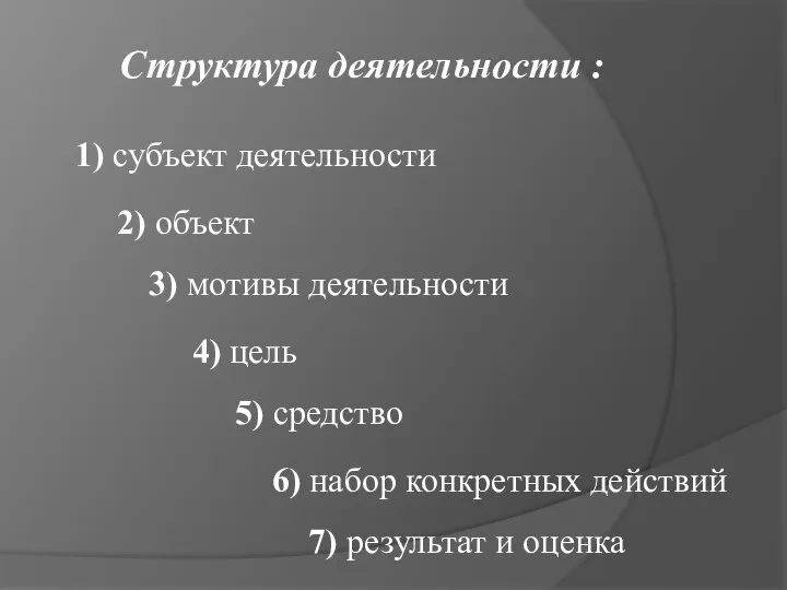 7) результат и оценка Структура деятельности : 2) объект 4) цель