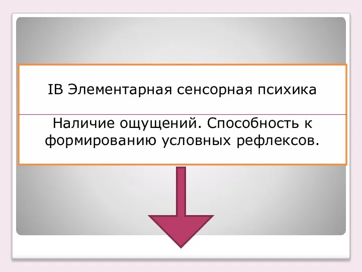 ІВ Элементарная сенсорная психика Наличие ощущений. Способность к формированию условных рефлексов.