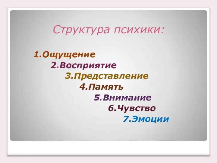 Структура психики: 1.Ощущение 2.Восприятие 3.Представление 4.Память 5.Внимание 6.Чувство 7.Эмоции