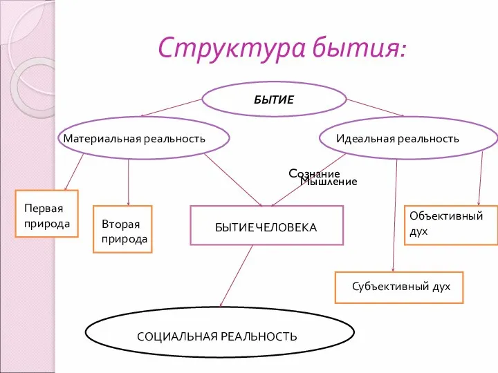 Структура бытия: БЫТИЕ Материальная реальность Идеальная реальность Первая природа Вторая природа