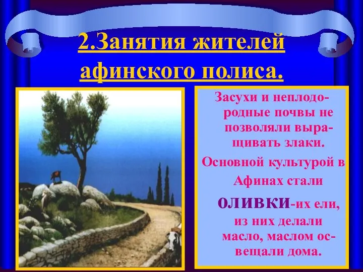 2.Занятия жителей афинского полиса. Засухи и неплодо-родные почвы не позволяли выра-щивать