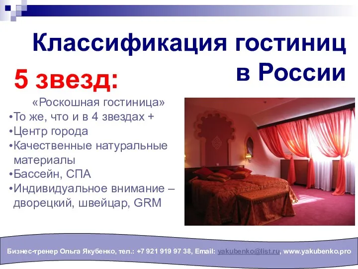 Классификация гостиниц в России Бизнес-тренер Ольга Якубенко, тел.: +7 921 919