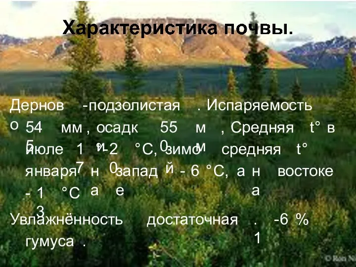 Характеристика почвы. Дерново-подзолистая. Испаряемость 545 мм, осадки 550 мм, Средняя t°