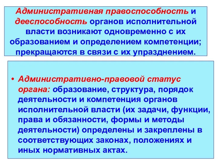 Административная правоспособность и дееспособность органов исполнительной власти возникают одновременно с их