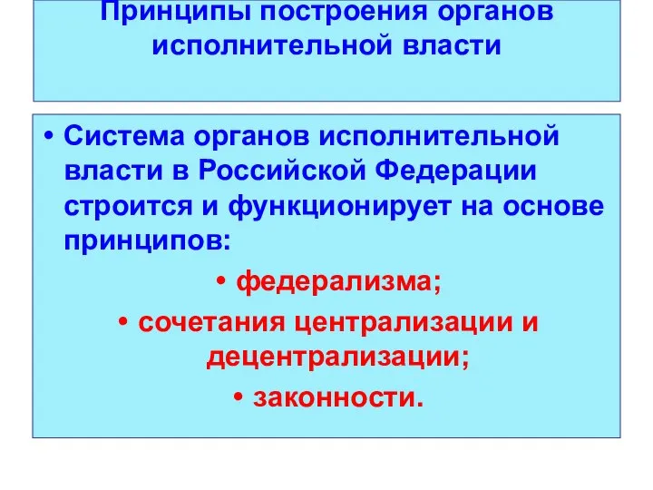 Принципы построения органов исполнительной власти Система органов исполнительной власти в Российской