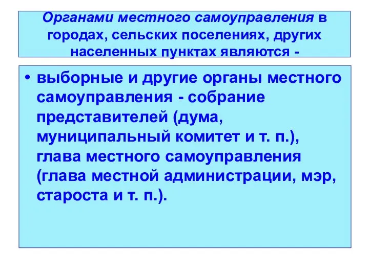 Органами местного самоуправления в городах, сельских поселениях, других населенных пунктах являются