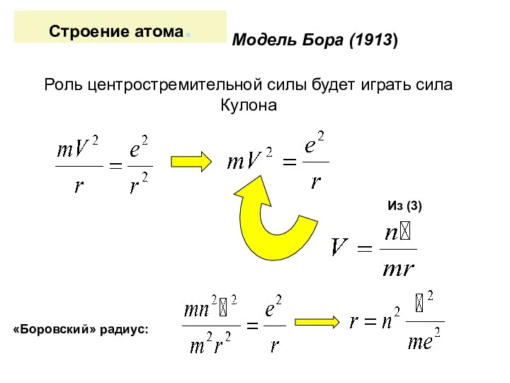 Строение атома. Модель Бора (1913) Роль центростремительной силы будет играть сила Кулона Из (3) «Боровский» радиус: