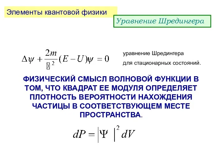 Элементы квантовой физики Уравнение Шредингера уравнение Шредингера для стационарных состояний. ФИЗИЧЕСКИЙ