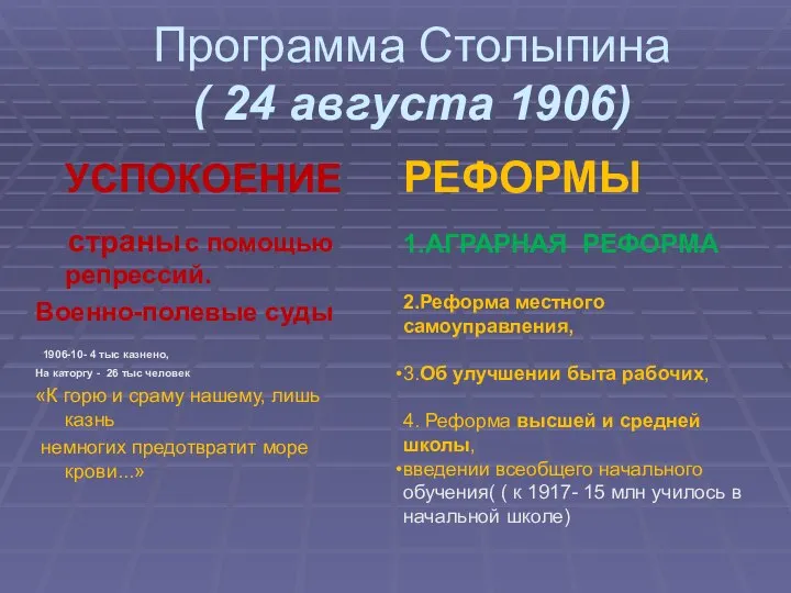 Программа Столыпина ( 24 августа 1906) УСПОКОЕНИЕ страны с помощью репрессий.