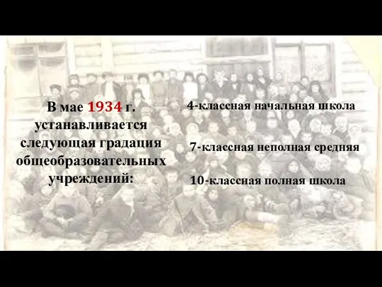 В мае 1934 г. устанавливается следующая градация общеобразовательных учреждений: 4-классная начальная