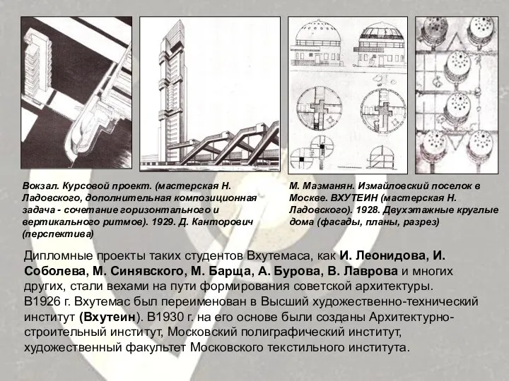 Дипломные проекты таких студентов Вхутемаса, как И. Леонидова, И. Соболева, М.