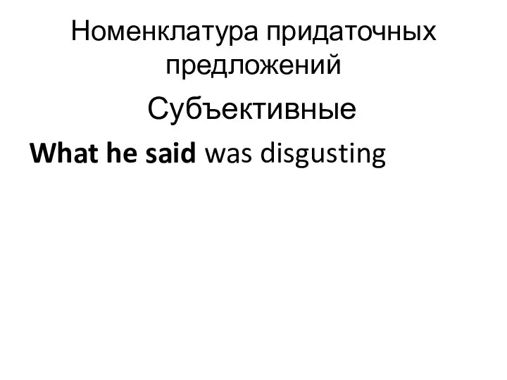 Номенклатура придаточных предложений Субъективные What he said was disgusting