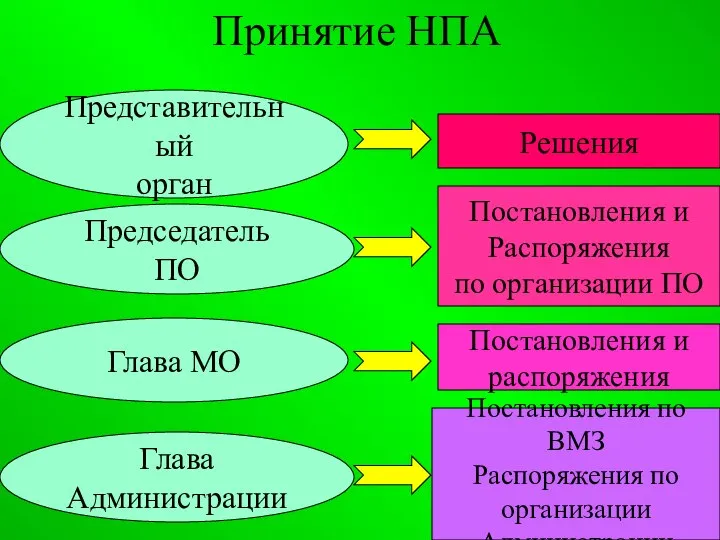 Принятие НПА Представительный орган Председатель ПО Глава МО Глава Администрации Решения