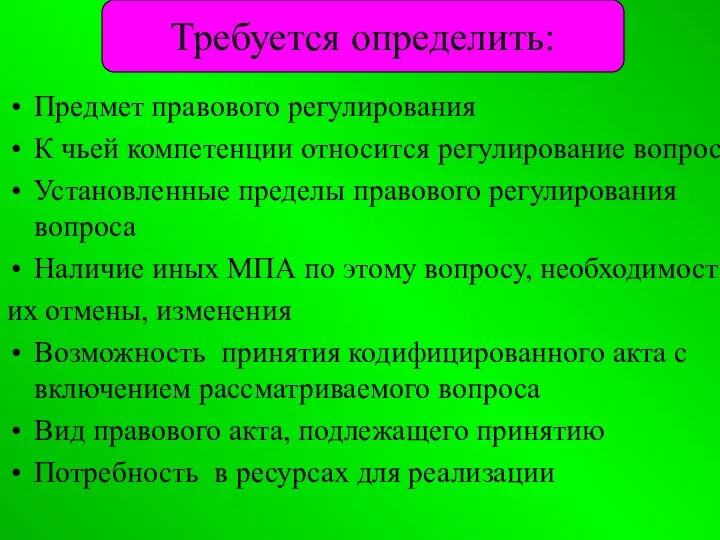 Требуется определить: Предмет правового регулирования К чьей компетенции относится регулирование вопроса