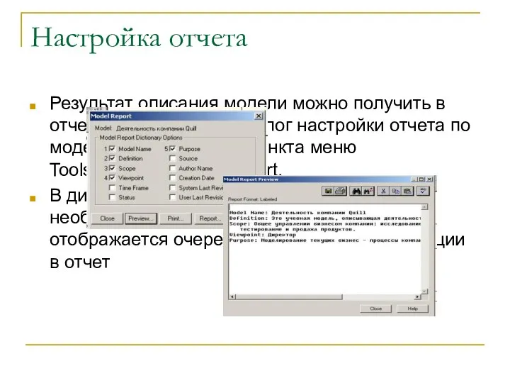 Настройка отчета Результат описания модели можно получить в отчете Model Report.