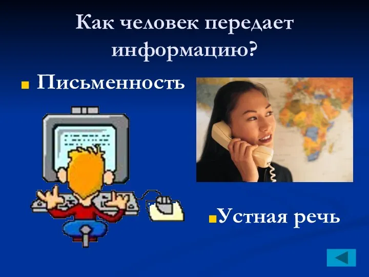 Как человек передает информацию? Письменность Устная речь