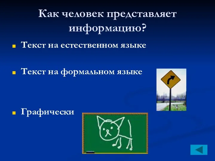 Как человек представляет информацию? Текст на естественном языке Текст на формальном языке Графически