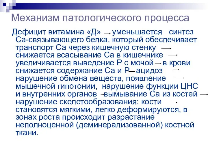 Механизм патологического процесса Дефицит витамина «Д» уменьшается синтез Са-связывающего белка, который