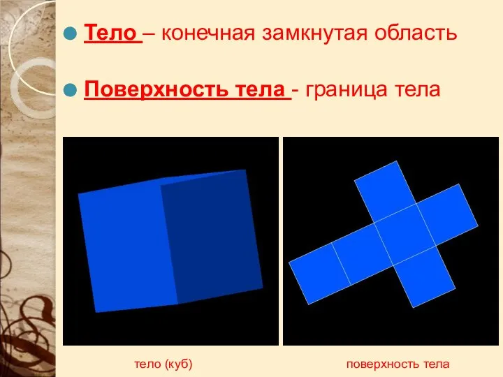 Тело – конечная замкнутая область Поверхность тела - граница тела