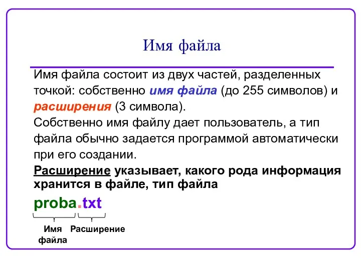 Имя файла Имя файла состоит из двух частей, разделенных точкой: собственно