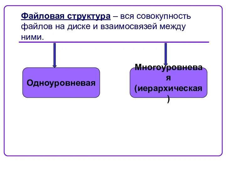 Файловая структура – вся совокупность файлов на диске и взаимосвязей между ними. Одноуровневая Многоуровневая (иерархическая)