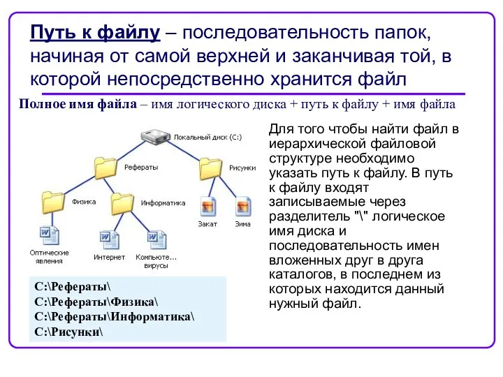 Путь к файлу – последовательность папок, начиная от самой верхней и