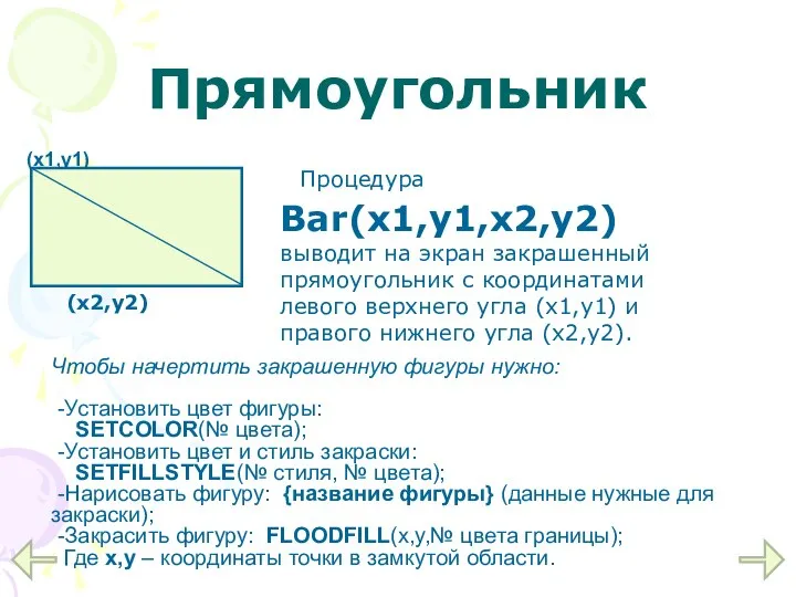 Прямоугольник Процедура Bar(x1,y1,x2,y2) выводит на экран закрашенный прямоугольник с координатами левого