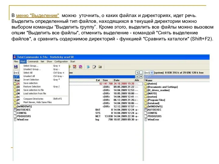 В меню "Выделение" можно уточнить, о каких файлах и директориях, идет