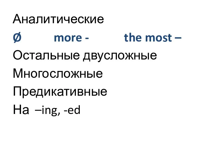 Аналитические Ø more - the most – Остальные двусложные Многосложные Предикативные На –ing, -ed