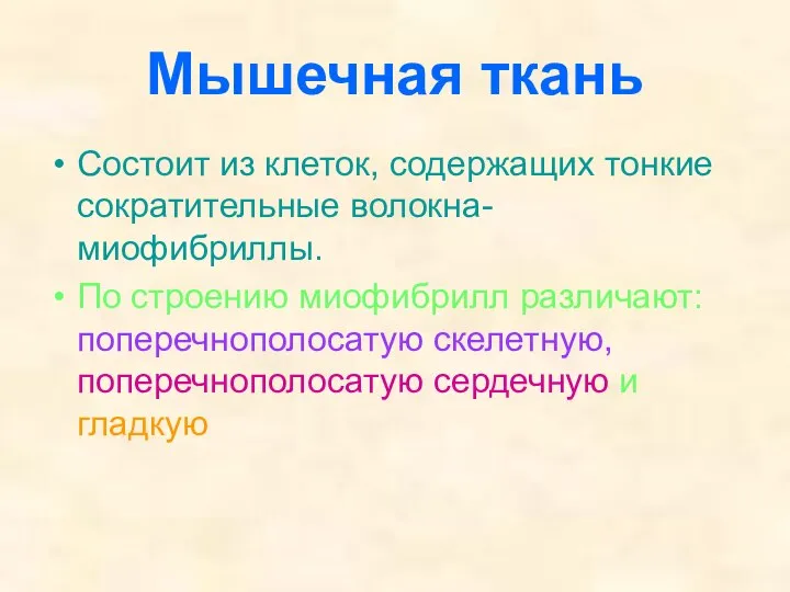 Мышечная ткань Состоит из клеток, содержащих тонкие сократительные волокна- миофибриллы. По