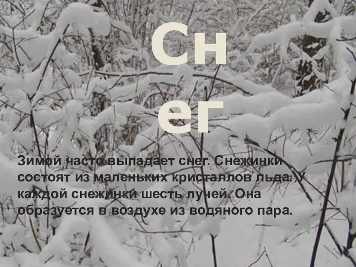 СНЕГ Зимой часто выпадает снег. Снежинки состоят из маленьких кристаллов льда.