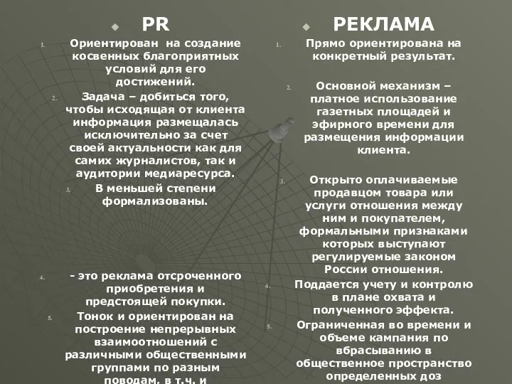 PR Ориентирован на создание косвенных благоприятных условий для его достижений. Задача