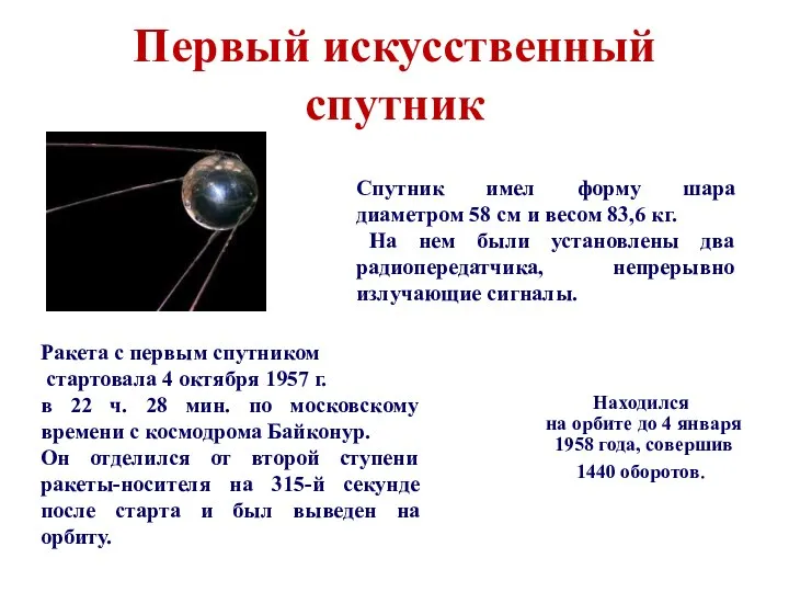 Первый искусственный спутник Ракета с первым спутником стартовала 4 октября 1957