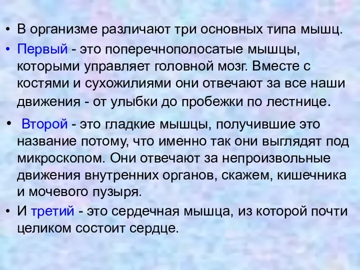 В организме различают три основных типа мышц. Первый - это поперечнополосатые