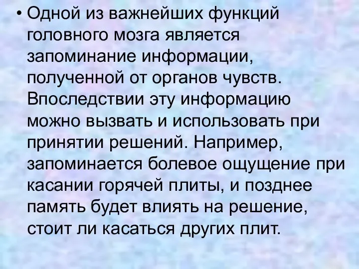 Одной из важнейших функций головного мозга является запоминание информации, полученной от