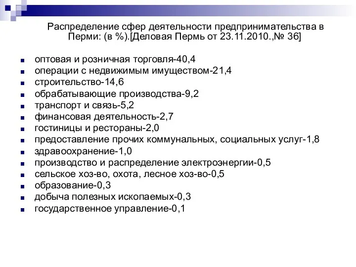 Распределение сфер деятельности предпринимательства в Перми: (в %).[Деловая Пермь от 23.11.2010.,№