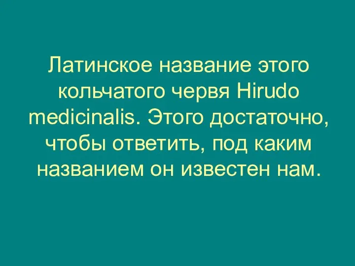 Латинское название этого кольчатого червя Hirudo medicinalis. Этого достаточно, чтобы ответить,