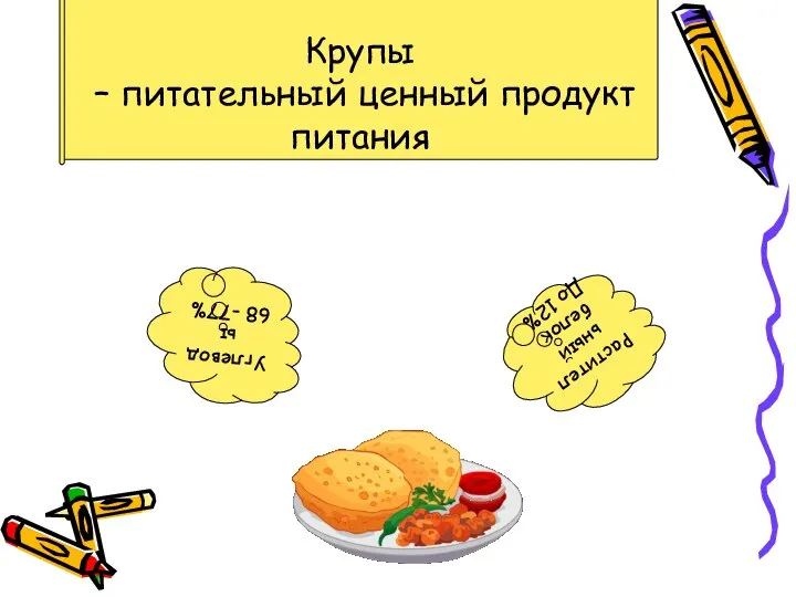 Крупы – питательный ценный продукт питания Углеводы 68 -77% Растительный белок До 12%