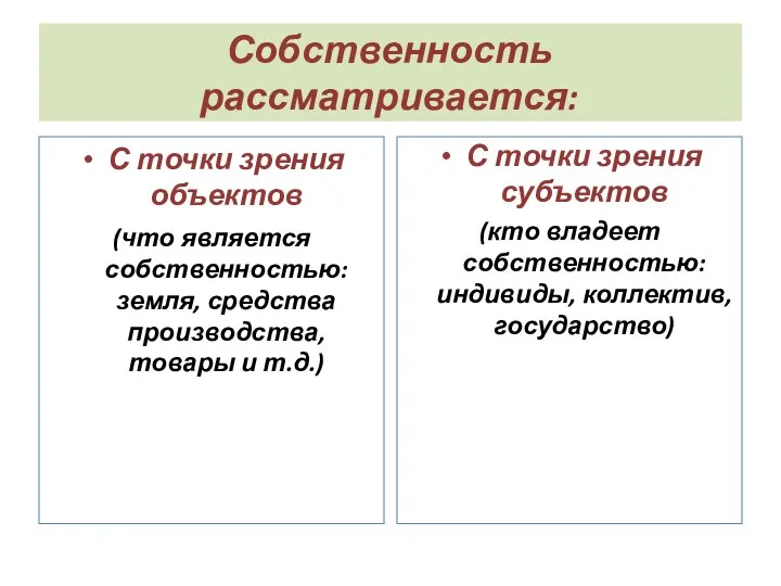 Собственность рассматривается: С точки зрения объектов (что является собственностью: земля, средства производства, товары и т.д.)