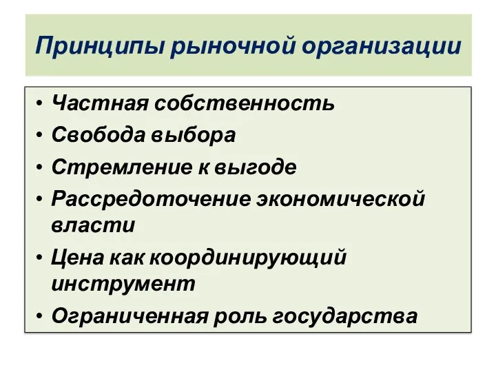 Принципы рыночной организации Частная собственность Свобода выбора Стремление к выгоде Рассредоточение