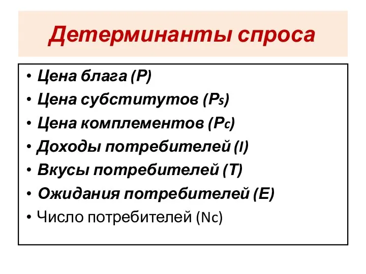 Детерминанты спроса Цена блага (Р) Цена субститутов (Рs) Цена комплементов (Рc)