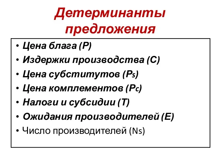 Детерминанты предложения Цена блага (Р) Издержки производства (С) Цена субститутов (Рs)