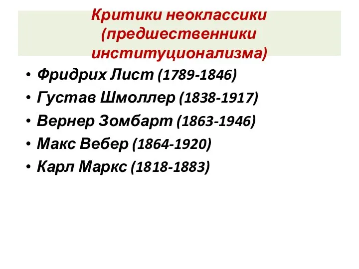 Критики неоклассики (предшественники институционализма) Фридрих Лист (1789-1846) Густав Шмоллер (1838-1917) Вернер